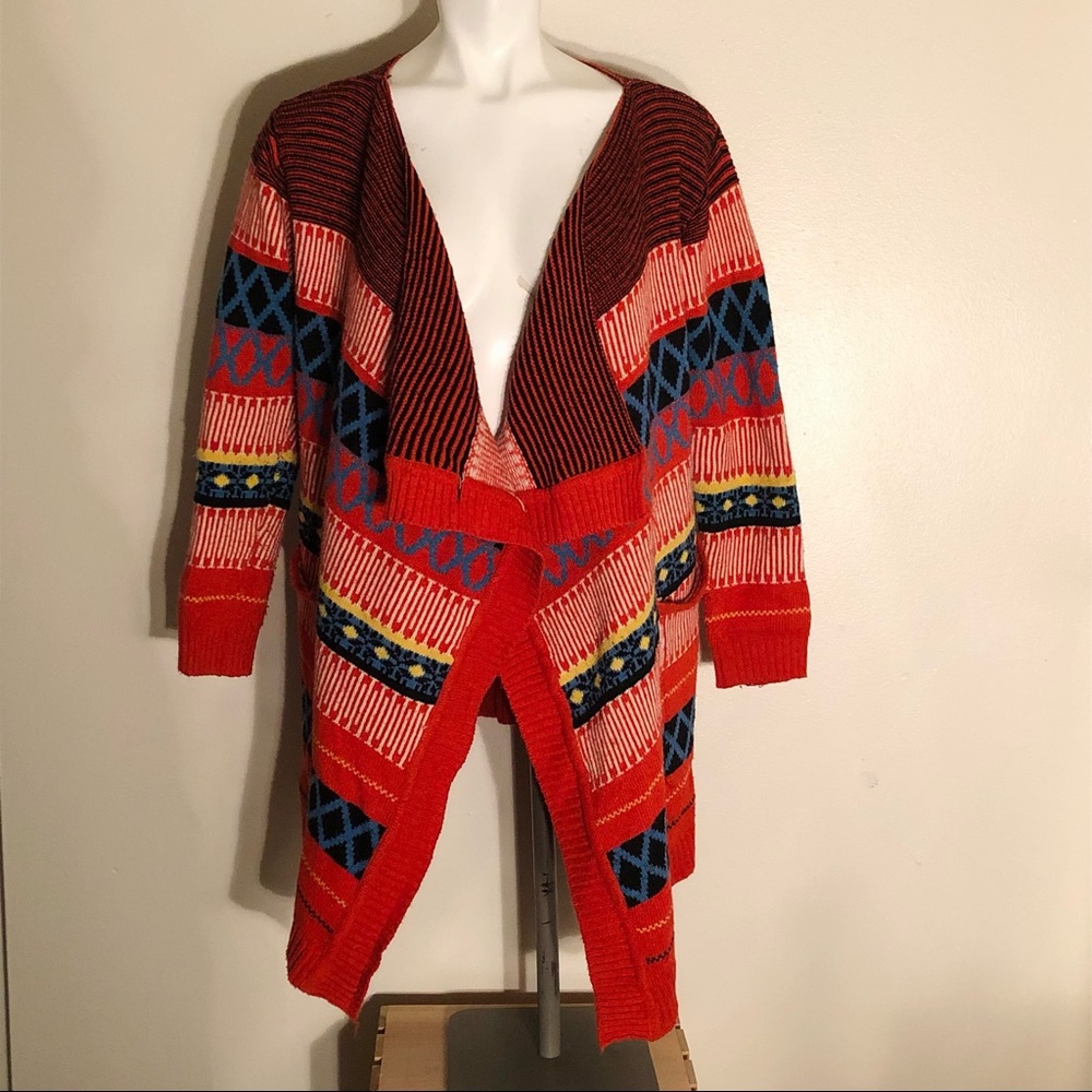36 Point 5 Orange Boho Geometric Tribal Aztec Ikat Print Waterfall Open Cardi